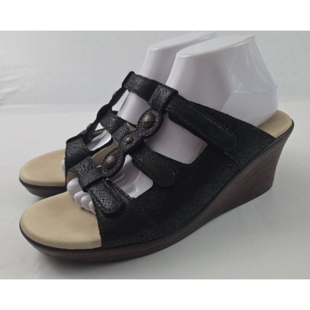 SAS Wedge Sandals Womens Size 9.5 W Black Shiny Slip On Open Toe Comfort